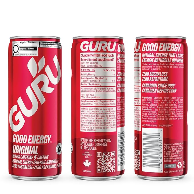 GURU Original Organic Energy Drinks, Clean Energy Drink with Plant Based Natural Caffeine from Green Tea, Gluten Free and Vegan, 100MG Caffeine, Healthy Drinks, 8.4oz (Pack of 24)