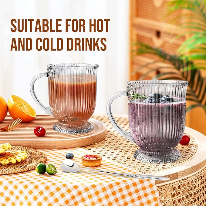 Clear Ribbed Glass Coffee Mugs Set of 4 with Spoon,16 Oz Large Glass Tea Cups with Handle Diner Latte Cups with Footed Base for Hot Beverages,Cappuccino & Espresso Cups, Stylish Drinkware