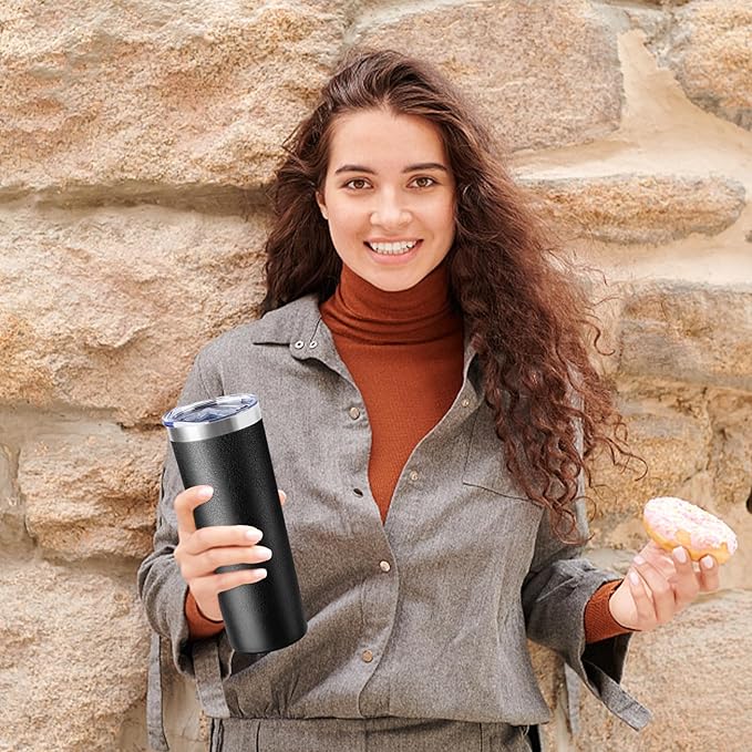20 oz Skinny Tumbler with Lid and Straw,Stainless Steel Vacuum Insulated Tumbler Double Wall Travel Coffee Mug,Insulated Cup for Coffee, Tea, Beverages,Office (Texture Black,1)