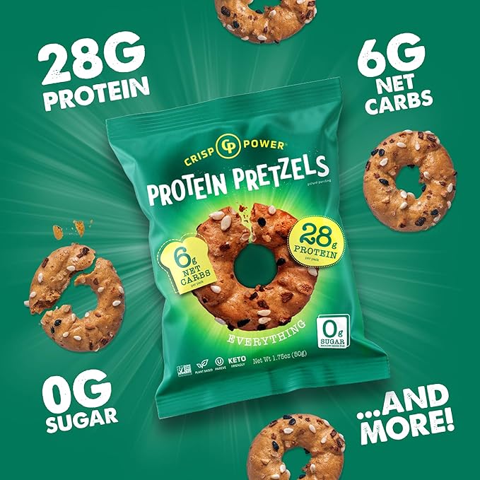 Crisp Power Protein Pretzels, Variety Pack With Sea Salt, Sesame, & Everything, Vegan Keto Snack, Plant Based Protein, Low Carb Crunchy Pretzel Snacks, No Added Sugar, No Seed Oils, 1.75 Oz Bags, 24 Pack