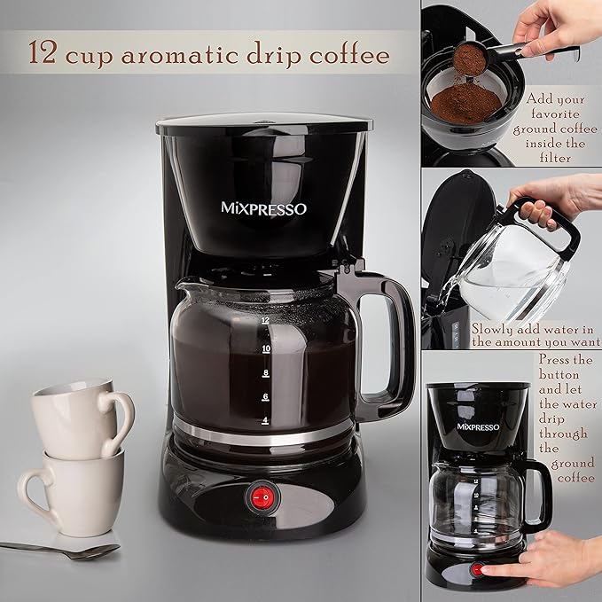 Mixpresso 12 Cup Coffee Pot, Auto-Off & Reusable Filter, Large Drip Coffee Maker 12 Cup Borosilicate Glass Carafe, Anti-Drip Coffee Machine Water Level Window, Black Electric Coffee Maker