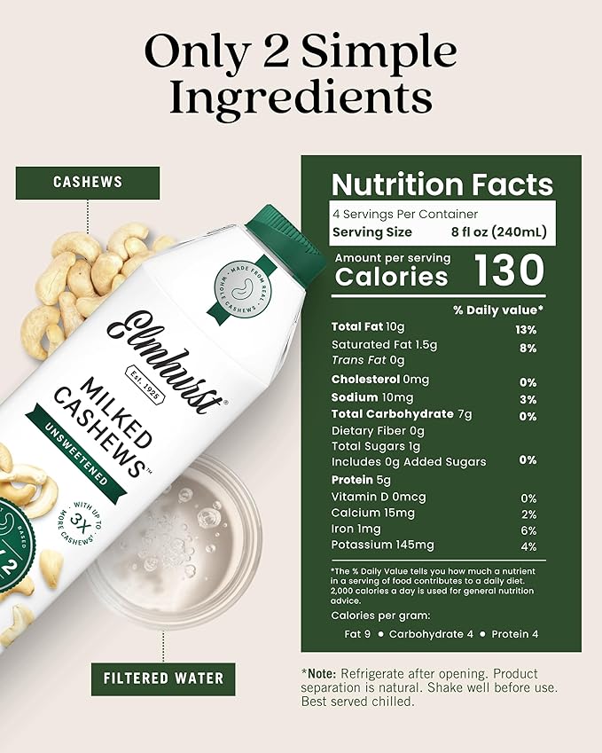 Elmhurst 1925 Cashew Milk Unsweetened - 32 Ounce (Pack of 6) Dairy-Free, Gluten-Free, Vegan, Kosher, Shelf Stable Milk Made with Water & Cashew for Healthier, Simpler Plant-Based Alternatives