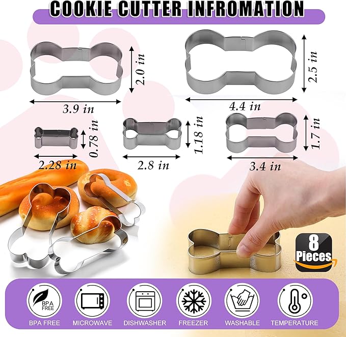 RUGVOMEM Set of 8 Silicone Dog Treat Molds, 3 Pieces 2 in 1 Dog Paw and Bone Shaped Molds & 5 Pieces Bone Cookie Cutter