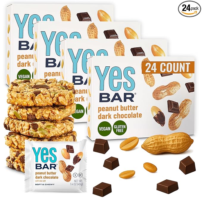 The YES Bar – Peanut Butter Dark Chocolate – Plant Based Protein, Decadent Snack Bar – Vegan, Paleo, Gluten Free, Dairy Free, Low Sugar, Healthy Snack, Breakfast, Low Carb, Keto Friendly (24 Count)