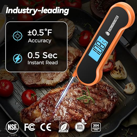 0.5 Sec Instant Read Meat Thermometer Digital with ±0.5℉ Precision, 100% Waterproof Auto Flip Bright LCD Screen, Motion Sensing Food Thermometer for Cooking Kitchen Oven Grill Candy BBQ, Orange