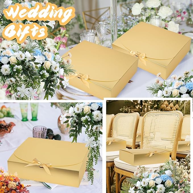 12Pack Gold Gift Boxes with Lids, 12×9.8×3.1 Inch Bridesmaid Proposal Box, Luxury Gold Gift Box with Ribbon for Wedding, Birthday, Party, Christmas, Bridesmaid, Graduation Gift