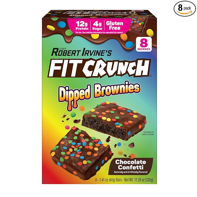 FITCRUNCH Dipped Protein Brownies, 12g of Protein & 4g of Sugar (8 Brownies, Confetti)