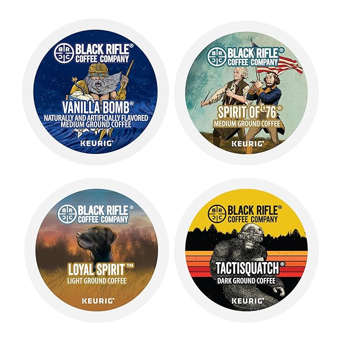 Black Rifle Coffee Flavored Variety 96 Pods - Loyal Spirit (Light Roast), Vanilla Bomb & Spirit of 76' (Medium Roast), and Tactisquatch (Dark Roast) - K Cups Coffee Variety Pack