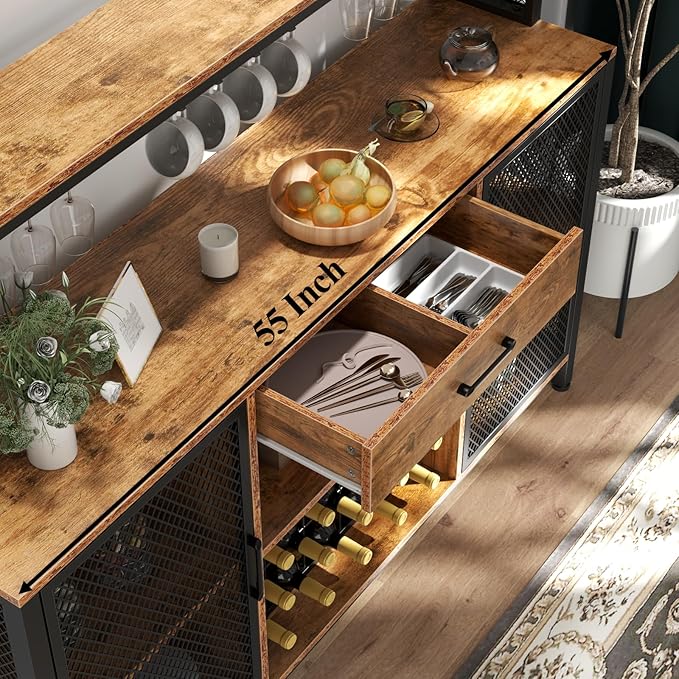 Wine Bar Cabinet with Drawer and LED Lights, 55 Inches Industry Coffee Bar Cabinet with Wine Rack and Glass Goblet Holder, Kitchen Sideboard Buffet Cabinet for Liquor and Goblet