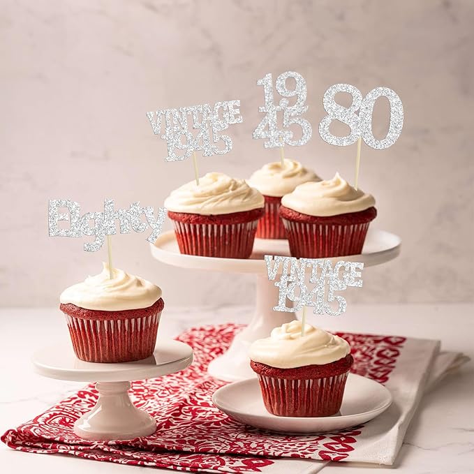 Gyufise 24Pcs 80th Birthday Cupcake Toppers Glitter Cheers to 80 Fabulous Eighty Vintage 1945 Cupcake Picks 80th Birthday Wedding Anniversary Party Cake Decorations Supplies Silver