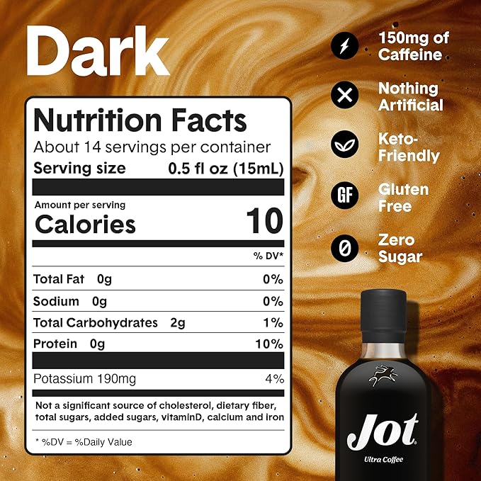 Jot Coffee Concentrate (Dark) High Caffeine Cold Brew Coffee Concentrate Liquid for Iced Coffees, Instant Espresso, Hot or Cold Instant Coffees - Makes 14 Cups, 150mg Caffeine/Tbsp, Sugar Free