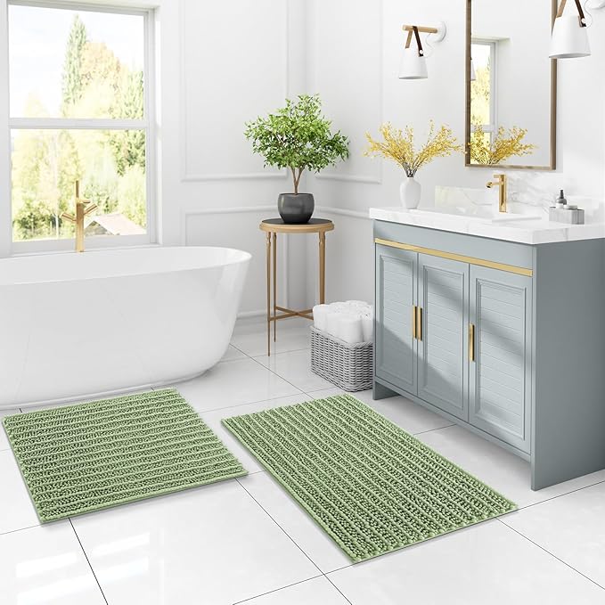 Arotive Luxury Chenille Bathroom Rug Mat, Extra Soft Thick Absorbent Shaggy Bath Rugs, Non-Slip Machine Wash Dry, Plush Bath Mats for Bathroom, Shower and Tub, 60x24, Sage Green