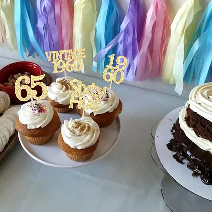 Gyufise 24Pcs 65th Birthday Cupcake Toppers Glitter Cheers to 65 Fabulous Sixty Five Vintage 1960 Cupcake Picks 65th Birthday Wedding Anniversary Party Cake Decorations Supplies Gold