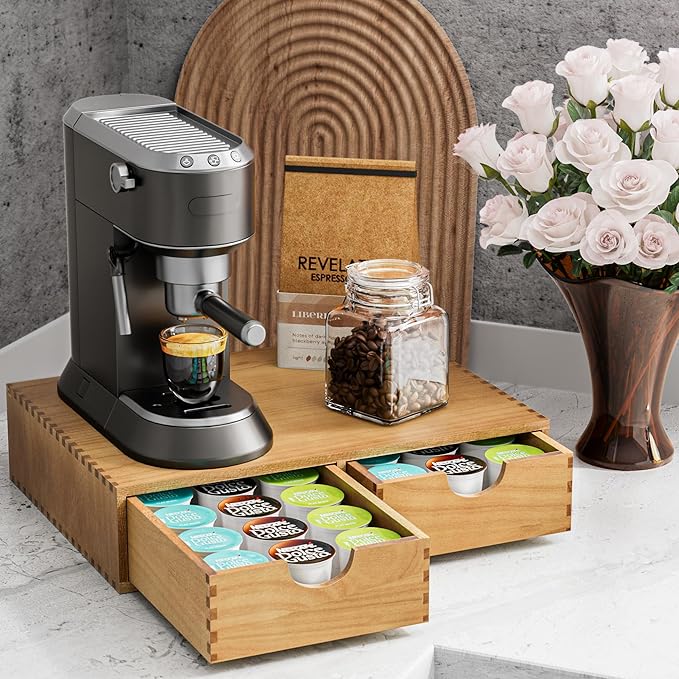 Pine Wood K Cup Organizer, Coffee Pod Storage Box for Counter, Coffee Pods and Tea Organizer Holder, K Pod Drawer Coffee Maker Machine Stand for Kitchen Office Coffee Bar (30 Pods Capacity, Walnut)