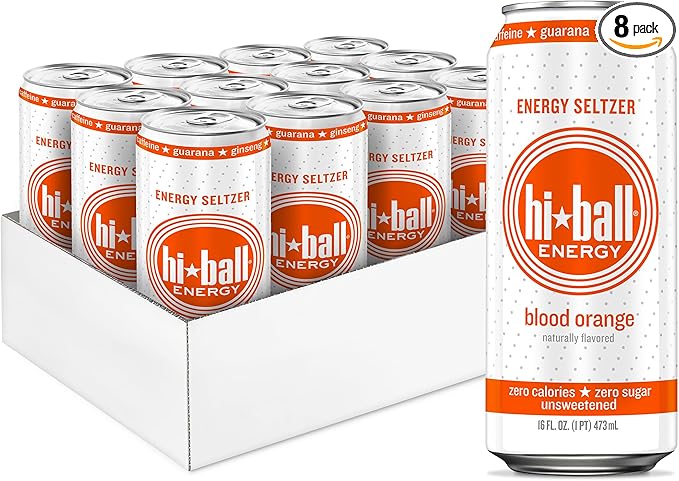 Hiball Clean Energy Drink - Blood Orange - Zero Sugar, Zero Calorie Sparkling Water with 160mg Organic Caffeine, 50mg Organic Ginseng, 50mg Organic Guarana and B Vitamins - 16 fl oz (8-Pack)