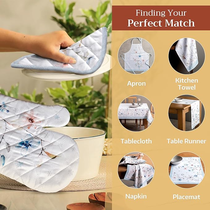 Maison d' Hermine 100% Cotton Oven Mitt & Pot Holder Set (7.5"x13" & 8"x8") Heat Resistant BBQ Cooking Gloves with Loop, Baking, Grilling, Kitchen, Handling Hot Pans (Ice Florals)