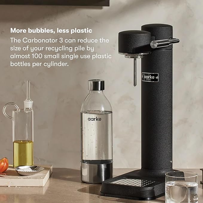 Aarke Carbonator lll with CO2 Cylinder, Sparkling & Carbonation Water Machine, Stainless Steel with PET BPA-Free Reusable Bottle Volume 1L/34 fl oz (Matte Black)