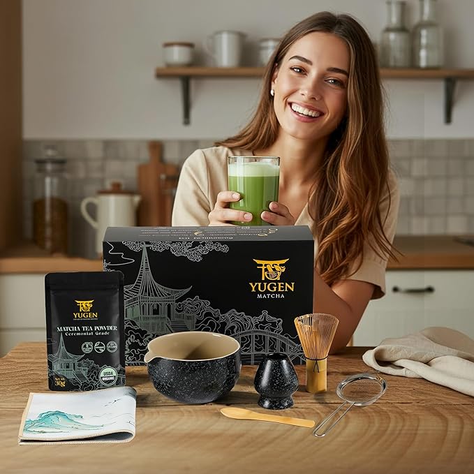YUGEN MATCHA 7 Piece Matcha Whisk Set, Includes 30g Ceremonial Grade Matcha Powder, Metal Sifter, Bamboo Whisk, Whisk Holder, Bamboo Spoon, Tea Cloth, Matcha Bowl, Tea Set, Ceremony Set