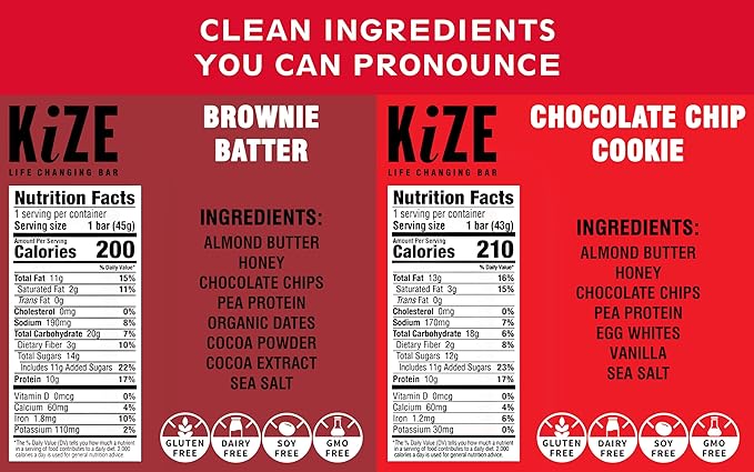 KiZE Energy Bars - Variety Pack - Gluten Free, Dairy Free Options, Non-GMO, and High Protein Meal Replacement Energy Bars, Clean and Simple Food Ingredients - 7-10g High Protein Snacks, (10 Count)