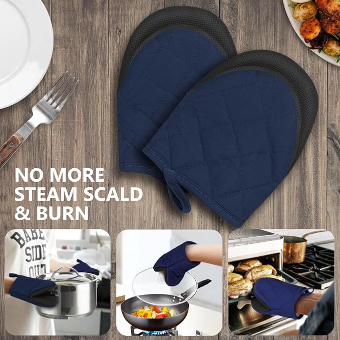 1 Pair Short Oven Mitts - Silicone Kitchen Oven Gloves High Heat Resistant 500℉, Mini Oven Mits with Non-Slip Grip Surfaces and Hanging Loop for BBQ, Baking, Cooking and Grilling (Dark Blue)