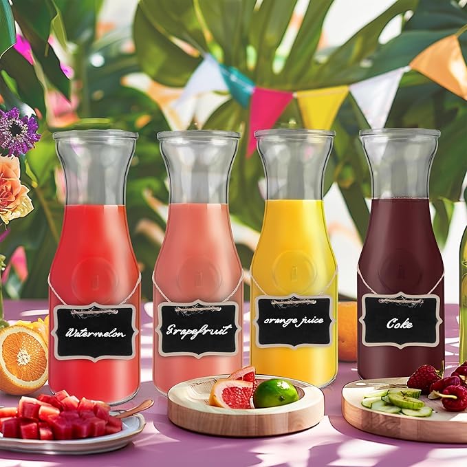 Glass Carafe with Bamboo Lid,35 Oz Beverage Dispensers Carafe,Mimosa Bar Supplies,Juice Bottles, Clear Glass Pitcher with Name Labels for Iced Tea,Coffee,Juice(Pack of 2)
