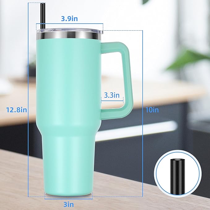 DOMICARE 40 oz Tumbler with Handle and Straw, Stainless Steel Tumbler with Lid and Straw, Reusable Vacuum Insulated Cup, Travel Coffee Mug, Mint Green, 4Pack