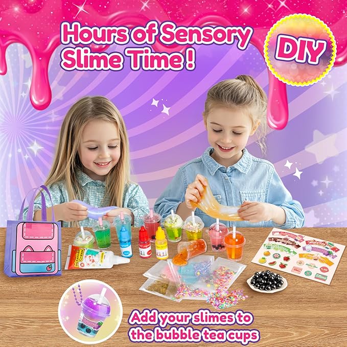 46PCS Slime Boba Tea Making Kit for Girls Ages 8-12, DIY Pretend Play Food Toys, Bubble Tea Cups, Bag, Clear Slime, Add-ins, Making Miniature Food, Party Favors for Kids 6 7 9 10 11