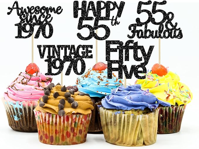 Gyufise 30 Pack Black Glitter Vintage 1970 Cupcake Toppers Glitter 55 Fabulous Happy 55 Cheers to 55 Years Birthday Cupcake Picks 55th Birthday Anniversary Cake Decorations Supplies