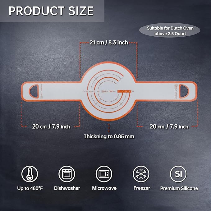 GUYDREMAT Dutch Oven Bread Baking Sling - Heat Resistant, Non-Stick Silicone Mat for Lifting Artisan Loaves, Food-Grade, Reusable Bread Tool, Fits 3-7 Quart Cookware, Easy to Clean