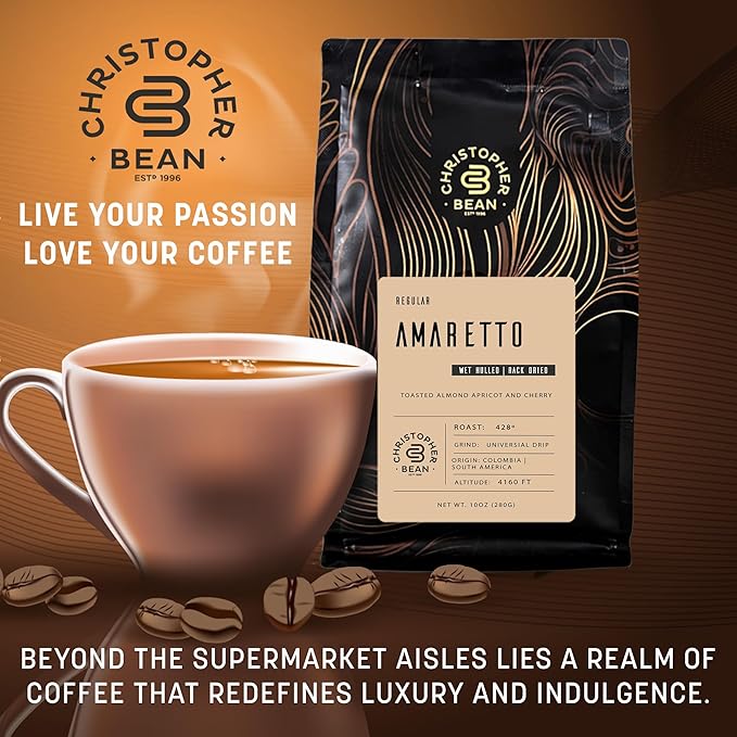 Christopher Bean Coffee - Certified Kosher - Regular Ground Universal Drip Amaretto Flavored Coffee, Relaxing after Dinner | Amaretto Flavored Medium Roast Coffee 100% Arabica, No Sugar, No Fats, Non-GMO | 10-Ounce