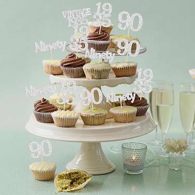 Gyufise 24Pcs 90th Birthday Cupcake Toppers Glitter Cheers to 90 Fabulous Ninety Vintage 1935 Cupcake Picks 90th Birthday Wedding Anniversary Party Cake Decorations Supplies Silver