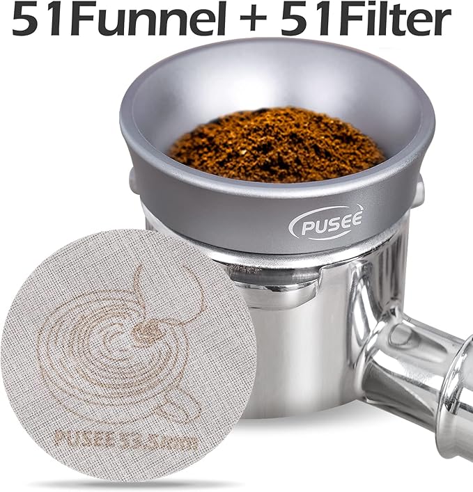PUSEE Espresso Dosing Funnel & Puck Screen, Magnetic Coffee Dosing Ring Aluminum Metal, Reusable 1.7mm Thickness 150m Espresso Puck Screen 316 Stainless Steel Fits 51mm Portafilter