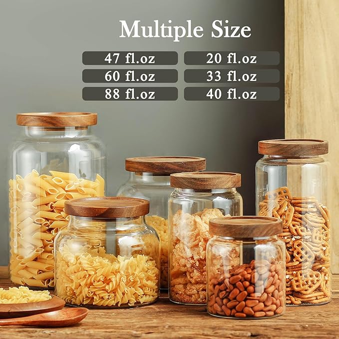 Labina Glass Storage Container Airtight Food Jars Kitchen Canister with Wood Lids, 88 Oz Wide Mouth Pantry Organization Glass Jar for Flour, Sugar, Cookie, Spagetti, Nuts and Candy