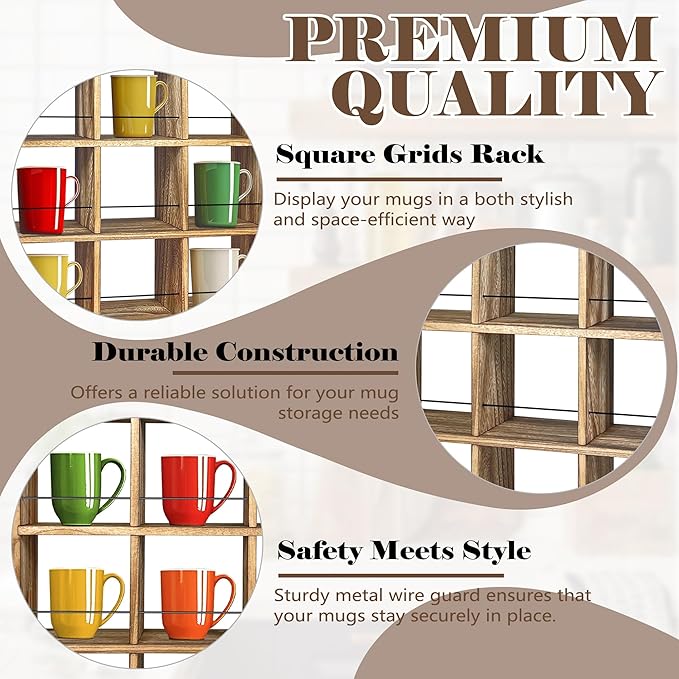 Montex Coffee Mug Holder, Mug Rack Wall Mounted, 3 Tier Coffee Mug Shelf, Rustic Coffee Mug Display Rack for Kitchen, Home, Coffee Bar(25 Grids)