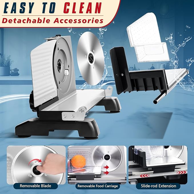 Meat Slicer, 200W Electric Food Deli Slicer with Adjustable Thickness and 2 Removable 7.5 Inch Stainless Steel Blades for Cheese and Bread, Ideal for Home (0-18 mm/0-0.7 Inches)