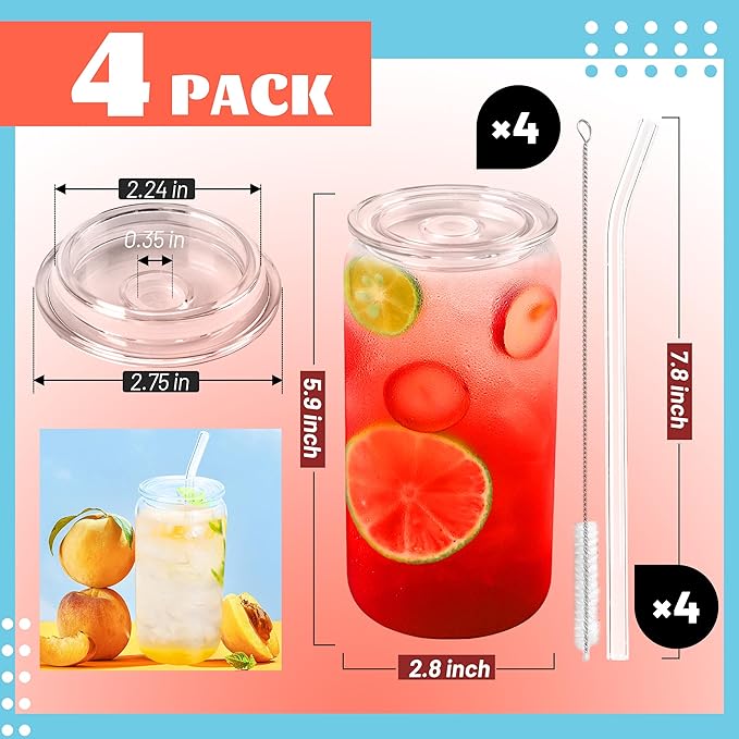 Joyclub 4pcs Glass Cups with Acrylic Lids and Straws 16 oz Can Shaped Glass Iced Coffee Cups with Lids and Straws, Cute Tumbler Cup Drinking Glasses for Smoothie Whiskey Boba Soda Tea Gift