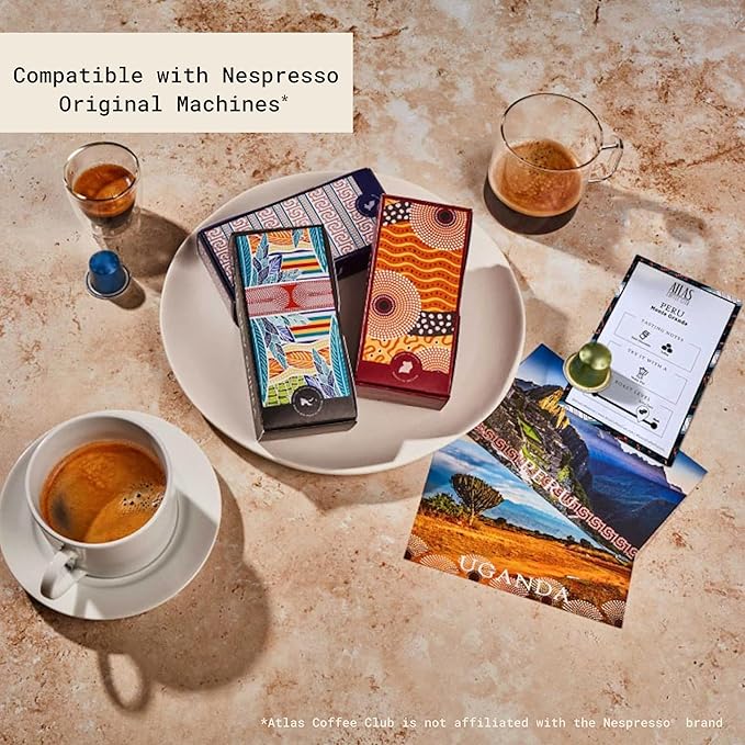Atlas Coffee Club Espresso Pods Compatible with Nespresso Original– Dark Roast Variety Pack (80 Count)– Aluminum Capsules from Costa Rica, Nicaragua, Guatemala & India– Intensity 8-11