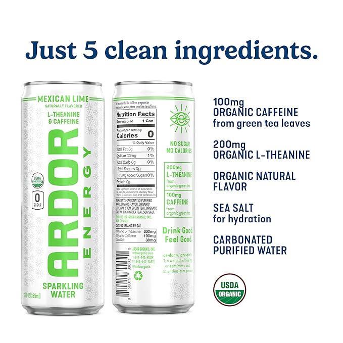 ARDOR ENERGY Sparkling Water with 100mg Natural Caffeine & 200mg L-Theanine from Organic Green Tea for Smooth Energy & Focus | Healthy Energy Drink | No Sugar, Zero Calories, Vegan, Gluten-Free | Tropical Variety (Pack of 12, 12oz cans)