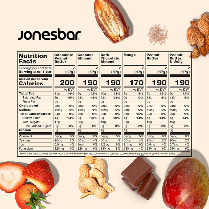 JONESBAR Organic Plant Based Protein Bars | 6 Flavor Variety Pack | Fruit & Nut Bar, Kosher, Gluten Free, Breakfast Bars, School Snacks, Vegan Snack & Healthy Snacks for Adults and Kids (Pack of 12)