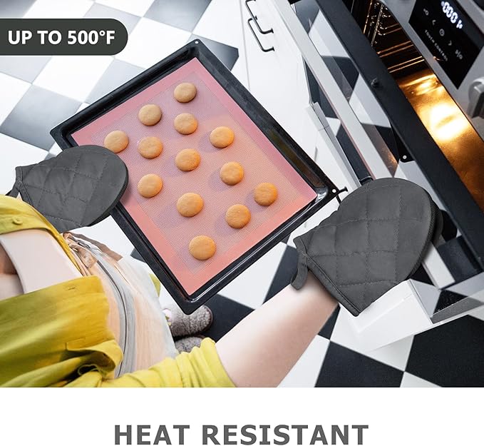 1 Pair Short Oven Mitts - Silicone Kitchen Oven Gloves High Heat Resistant 500℉, Mini Oven Mits with Non-Slip Grip Surfaces and Hanging Loop for BBQ, Baking, Cooking and Grilling (Solid Gray)