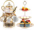 Maxcheck 21 Pcs Tea Party Set for Adults European Floral Tea Set with Metal Holder and 3 Tier Ceramic Cake Stand Porcelain Flower Cup Teapot for Dessert Cupcake(Stylish Style)