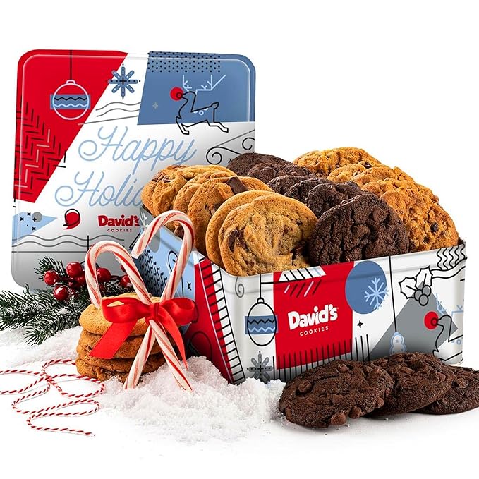 David’s Cookies Winter Wonderland Assorted Christmas Cookies Tin - Delicious Chocolate Chunk & Oatmeal Raisin Cookies - Fresh-baked and Homemade Cookies - Gourmet Holiday Food Gift Basket for Everyone
