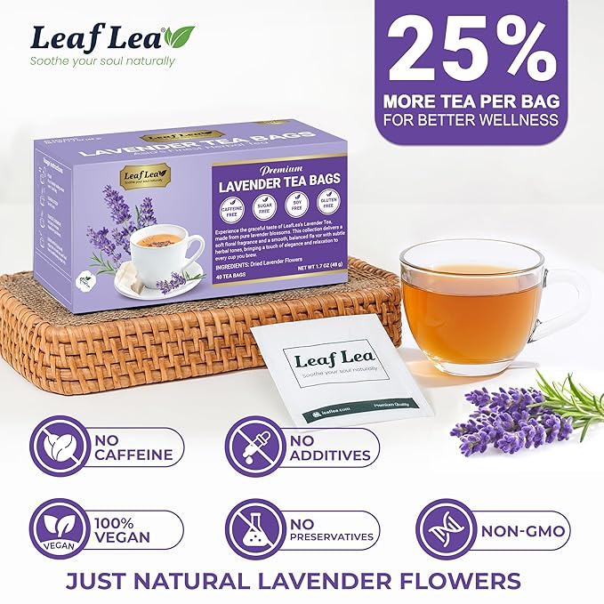 LeafLea 80 Premium Lavender Tea Bags, 100% Natural & Pure from Lavender Flowers, Nighttime Comfort & Digestive Support, Floral Aroma and Smooth Taste, Caffeine-Free, Sugar-Free, Individually Wrapped
