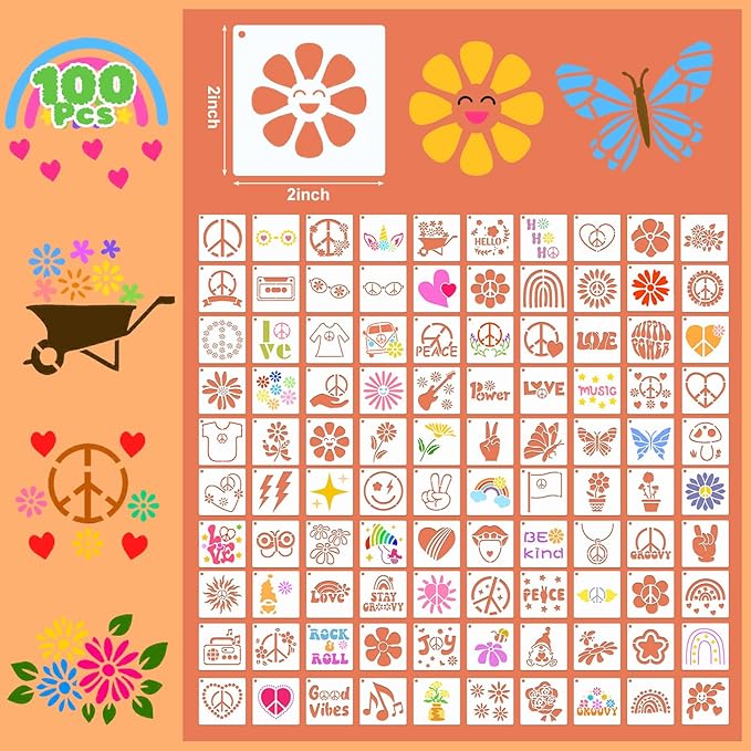 Fainne 100 Pcs Stencils for Painting on Wood Reusable Stencil Crafts Drawing Templates Holiday Wall Paper for DIY Scrapbook Home 2 x 2 Inch (Groovy Party)