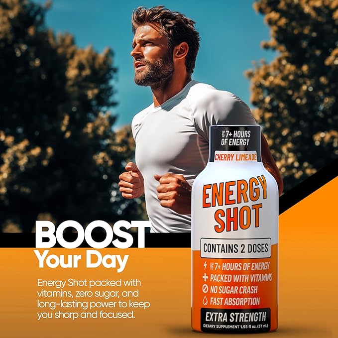 Cherry Limeade Extra Strength Energy Shot 8 pk – 260mg Natural Caffeine B12 B6 – Energy & Focus Support – 2 Servings Sugar Free Zero Calorie Green Tea B-Vitamins Electrolytes Vegan – 1.93 fl oz