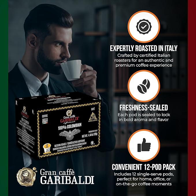 Caffè Garibaldi Italian Roast Coffee Pods, Single-Serve Capsules for Keurig K-Cup Brewers with 100% Arabica Blend, Single Serve Cups for Coffee Makers, Recyclable 12 Count K-Pods - Dark Roast