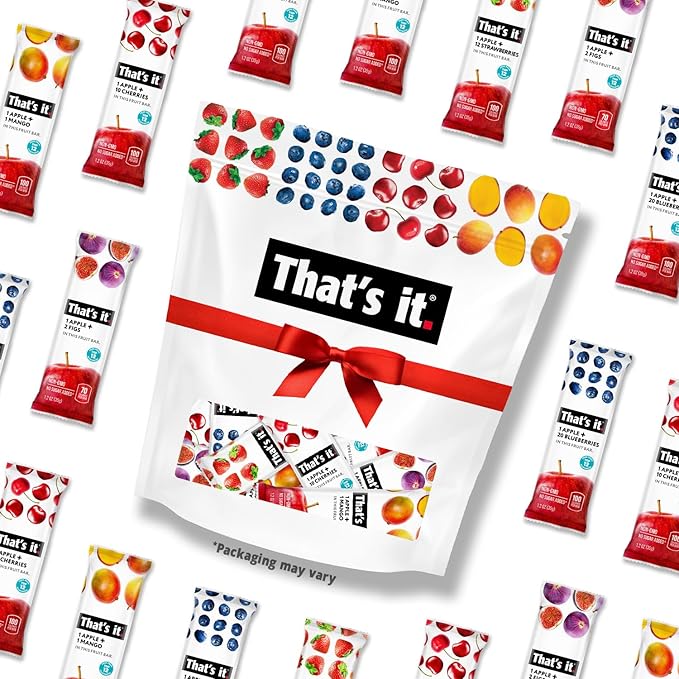 That's it. Fruit Bars Snack 20 Pack - 100% All Natural Gluten-Free Vegan Low Carb Snacks - Healthy Fruit Snacks Variety Pack Strawberry, Mango, Blueberry, Cherry, Fig Bars