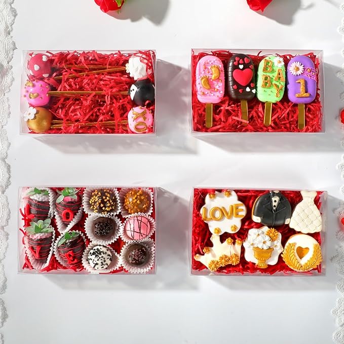 RomanticBaking 50PCS 8x5x2 Inch Full Clear Cookies Boxes Strawberry Boxes Bakery Boxes Cakesickle boxes Chocolate Truffle Boxestreat boxes