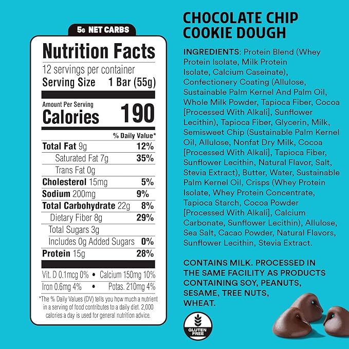 JUNKLESS Protein Bars - Chocolate Chip Cookie Dough - 15g Protein, No Added Sugar, Gluten Free, High Fiber, Delicious Taste and Texture, Satisfying, Healthy Snack for Energy - 12 Bars