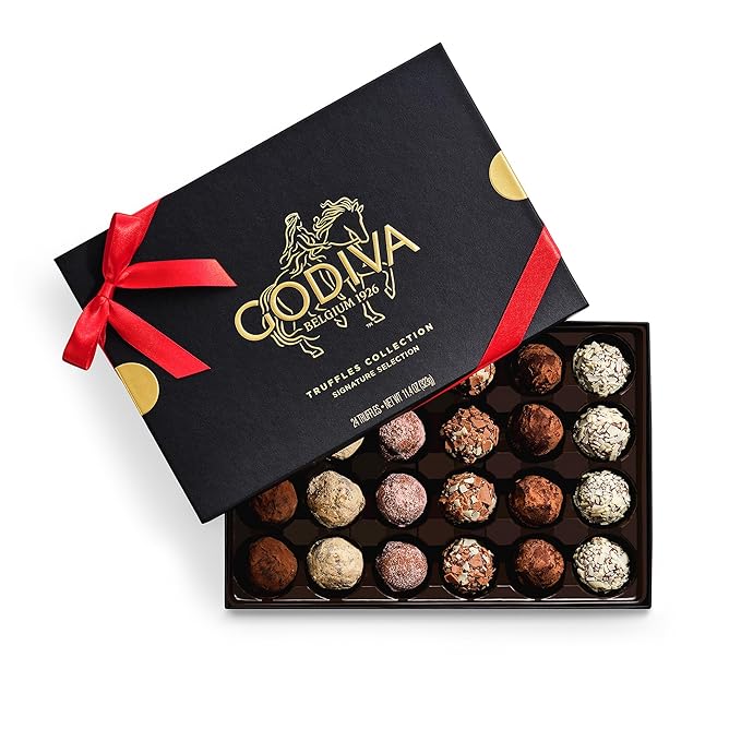 Godiva Red Bow Signature Truffle Gift Box, Belgian Dark and Milk Chocolates with Ganache Centers, Gourmet Holiday Gift, Non-GMO & Kosher, 24 Pc